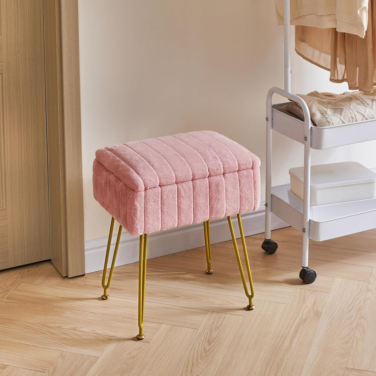 Vanity Stool Chair with Storage, Faux Fur Ottoman, Pink LG-50P