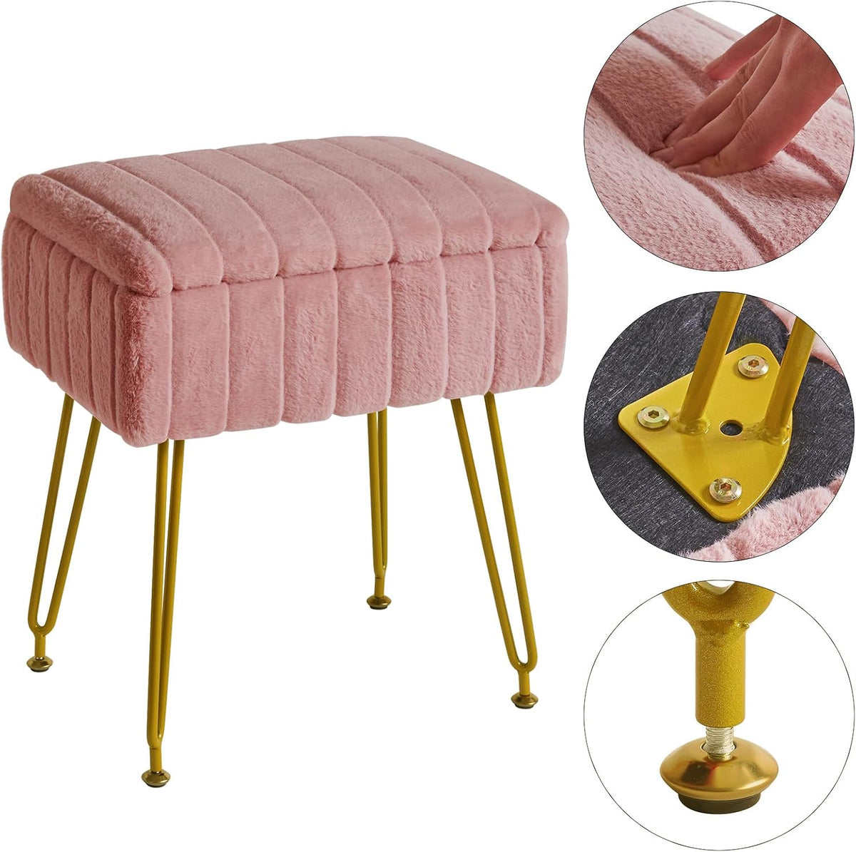 Vanity Stool Chair with Storage, Faux Fur Ottoman, Pink LG-50P