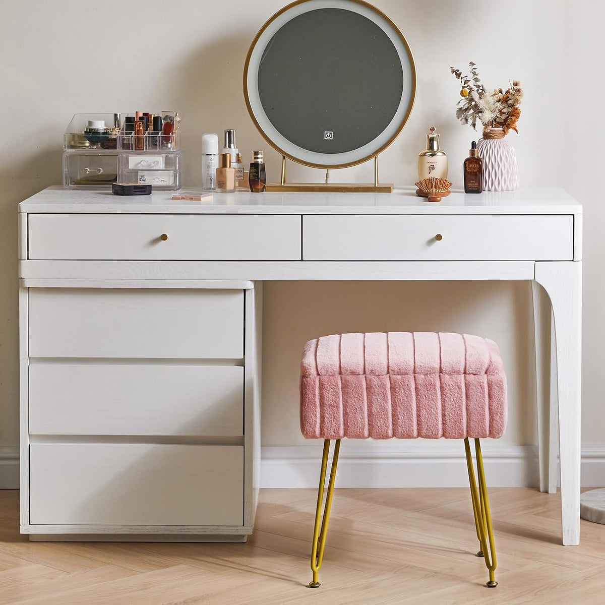 Vanity Stool Chair with Storage, Faux Fur Ottoman, Pink LG-50P