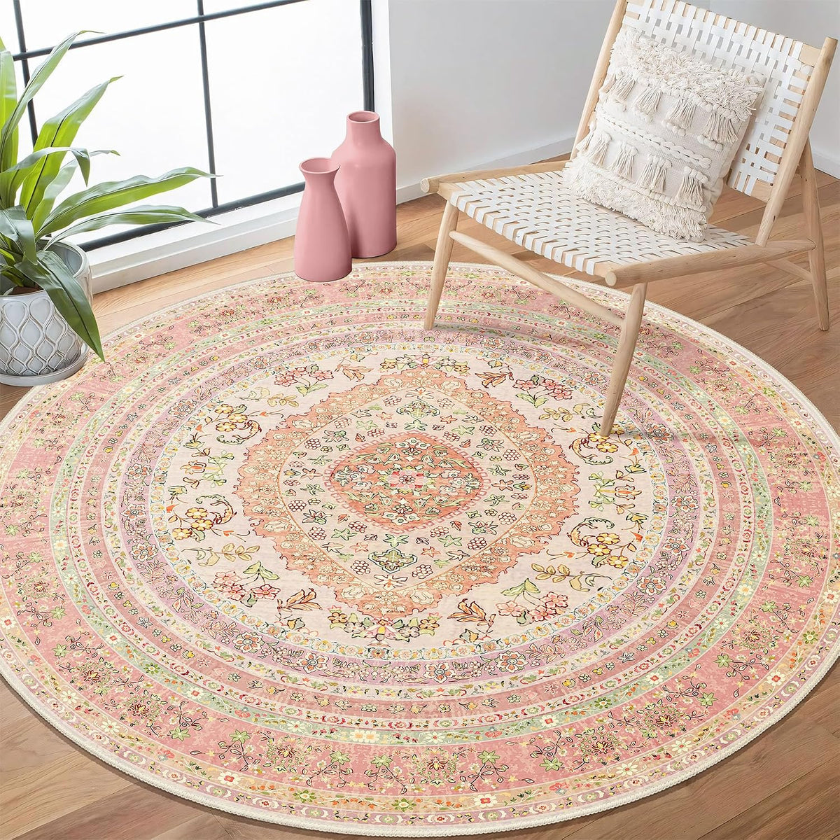 Round Area Rugs 4ft Washable,Pink Rug for Living Room Bedroom
