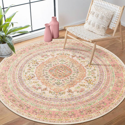 Round Area Rugs 4ft Washable,Pink Rug for Living Room Bedroom