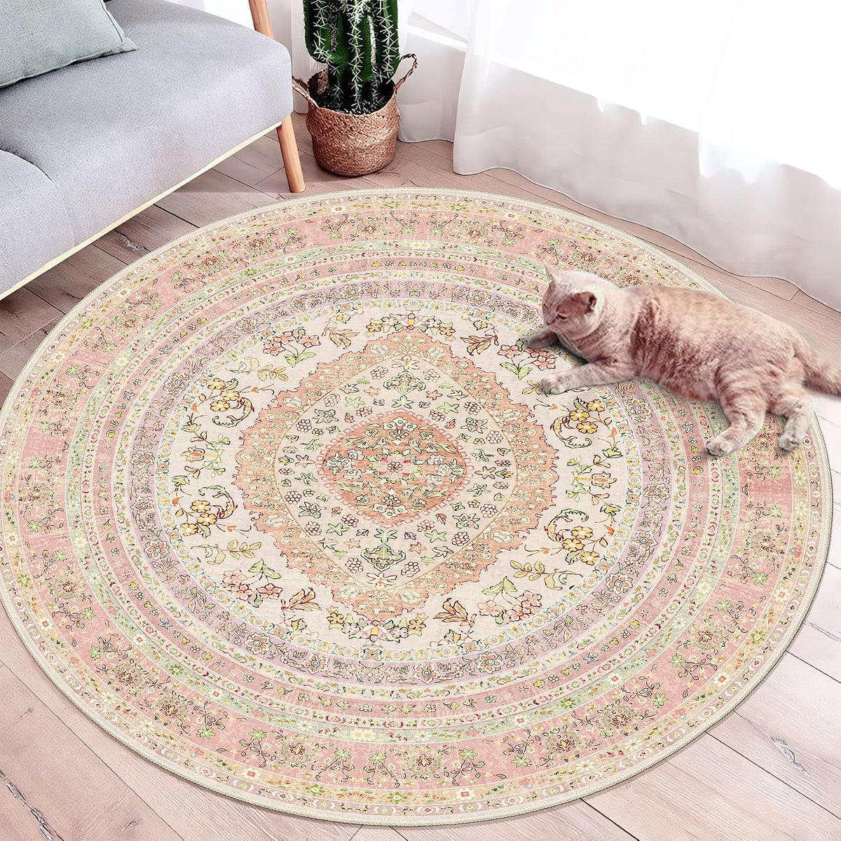 Round Area Rugs 4ft Washable,Pink Rug for Living Room Bedroom
