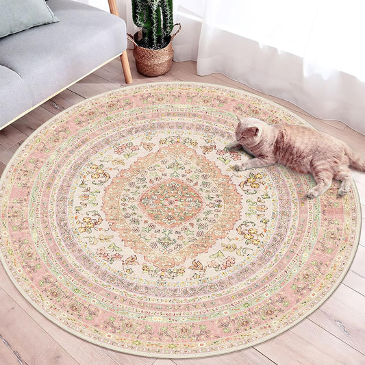 Round Area Rugs 4ft Washable,Pink Rug for Living Room Bedroom