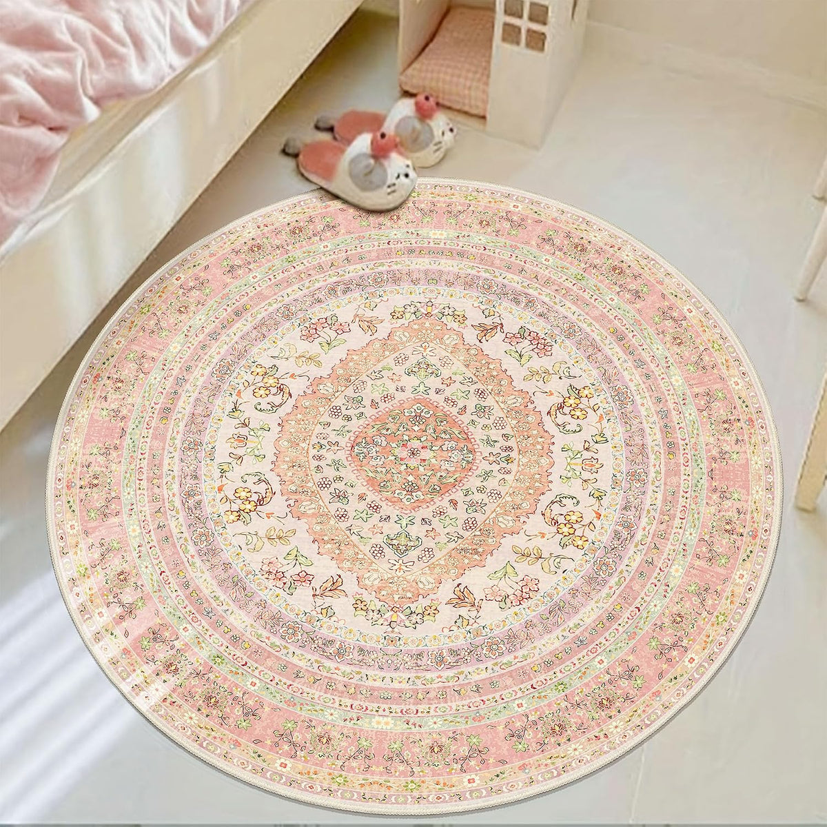 Round Area Rugs 4ft Washable,Pink Rug for Living Room Bedroom
