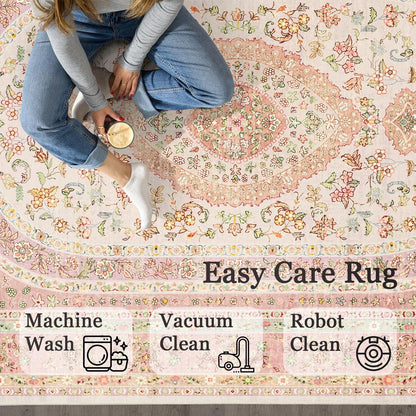 Round Area Rugs 4ft Washable,Pink Rug for Living Room Bedroom