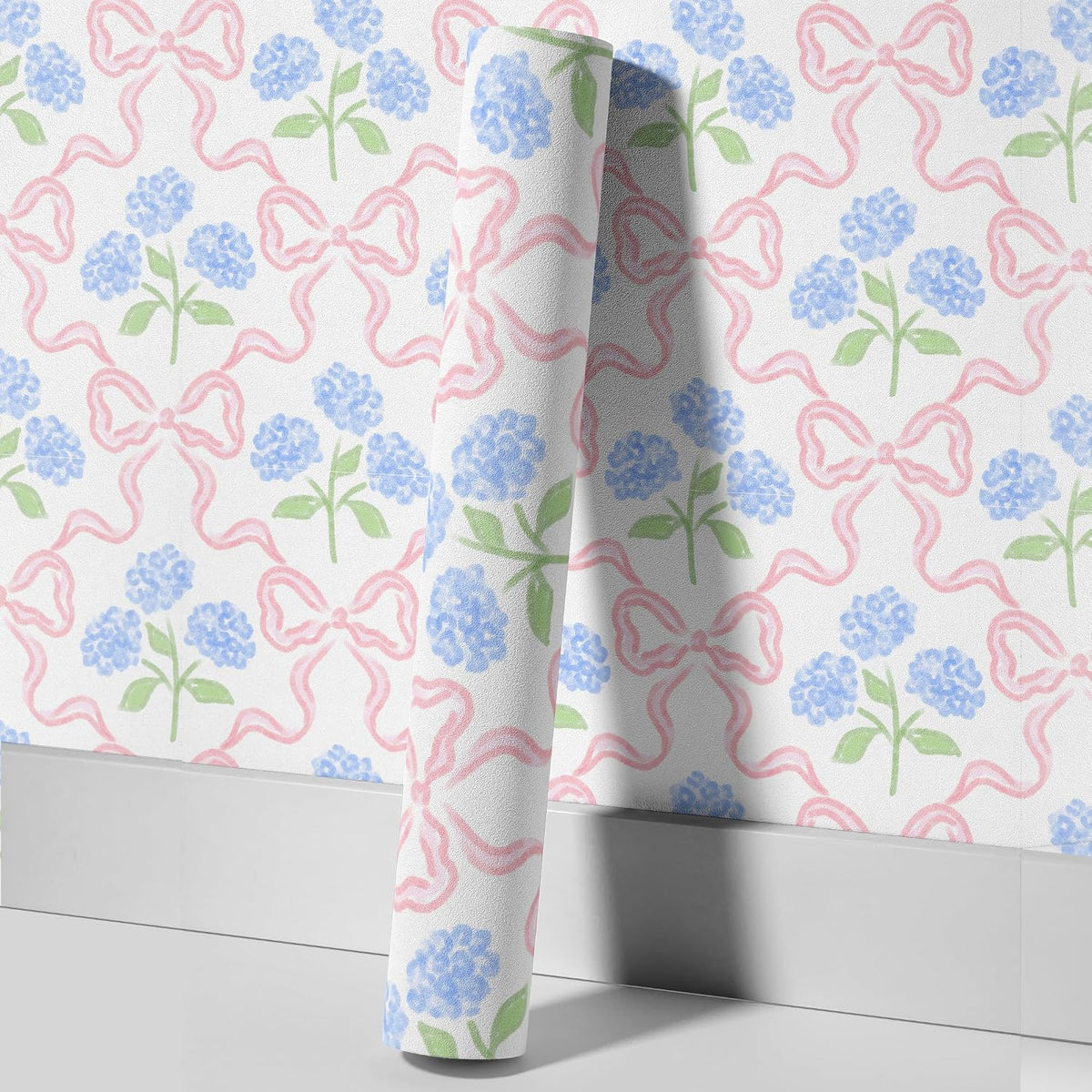 Peel & Stick Wallpaper 17.7''x118.1'' - Simple Grid Bow- Floral Delicate Pastel Flowers Feminine Hydrangea Blue Pink White Home Decor Removable Wallpaper