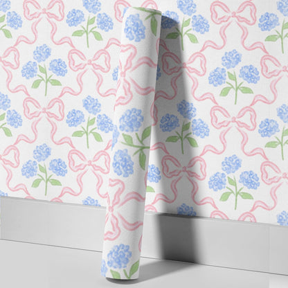 Peel & Stick Wallpaper 17.7''x118.1'' - Simple Grid Bow- Floral Delicate Pastel Flowers Feminine Hydrangea Blue Pink White Home Decor Removable Wallpaper