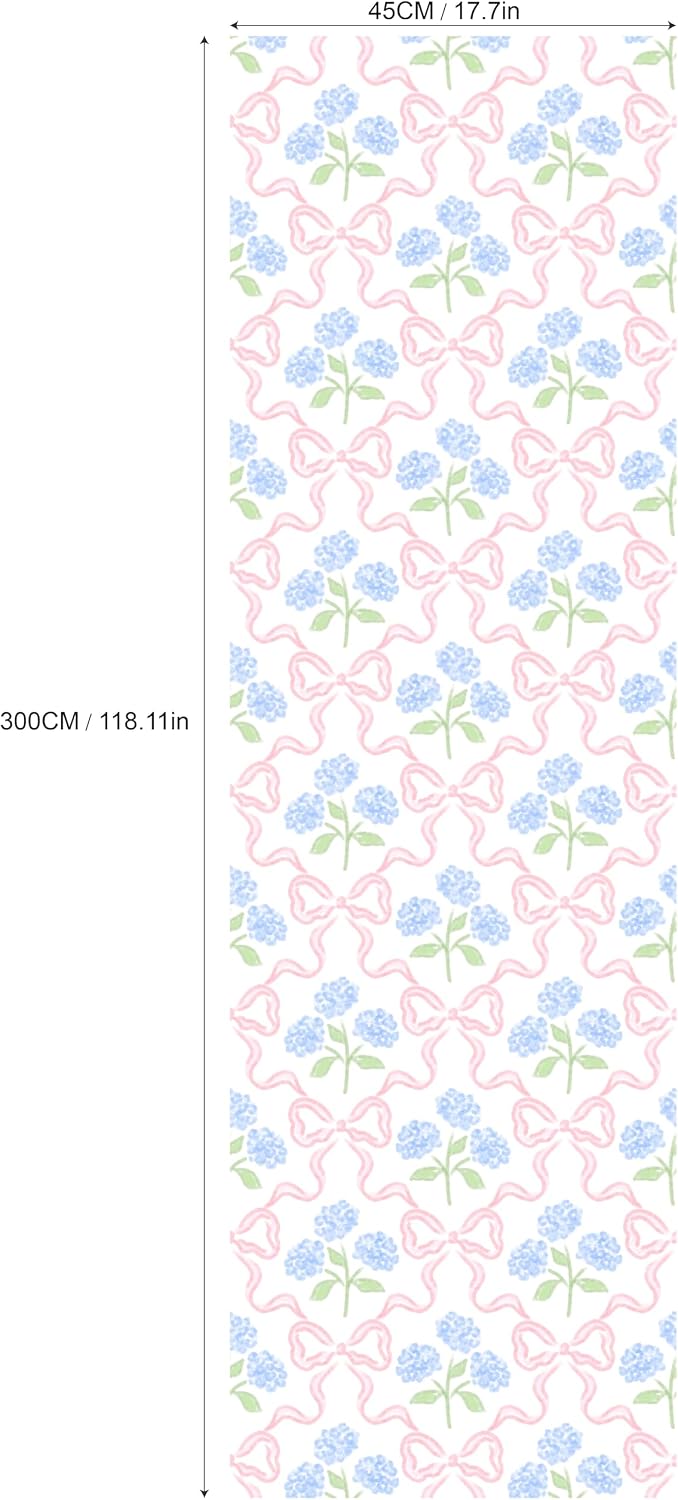 Peel & Stick Wallpaper 17.7''x118.1'' - Simple Grid Bow- Floral Delicate Pastel Flowers Feminine Hydrangea Blue Pink White Home Decor Removable Wallpaper