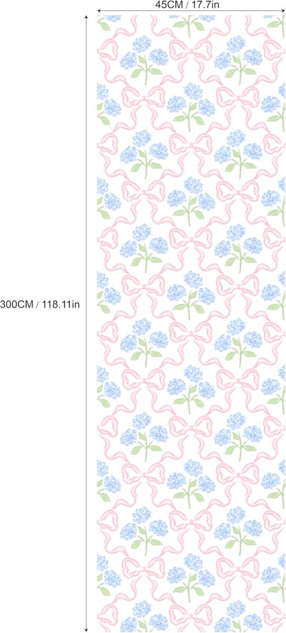 Peel & Stick Wallpaper 17.7''x118.1'' - Simple Grid Bow- Floral Delicate Pastel Flowers Feminine Hydrangea Blue Pink White Home Decor Removable Wallpaper