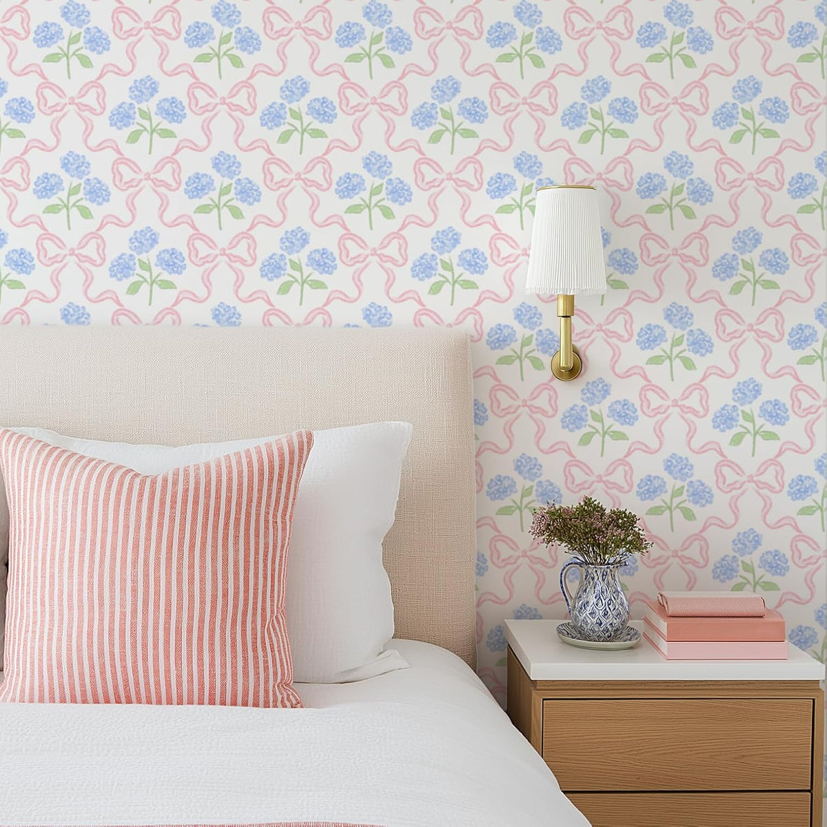 Peel & Stick Wallpaper 17.7''x118.1'' - Simple Grid Bow- Floral Delicate Pastel Flowers Feminine Hydrangea Blue Pink White Home Decor Removable Wallpaper