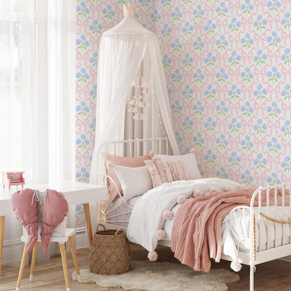 Peel & Stick Wallpaper 17.7''x118.1'' - Simple Grid Bow- Floral Delicate Pastel Flowers Feminine Hydrangea Blue Pink White Home Decor Removable Wallpaper
