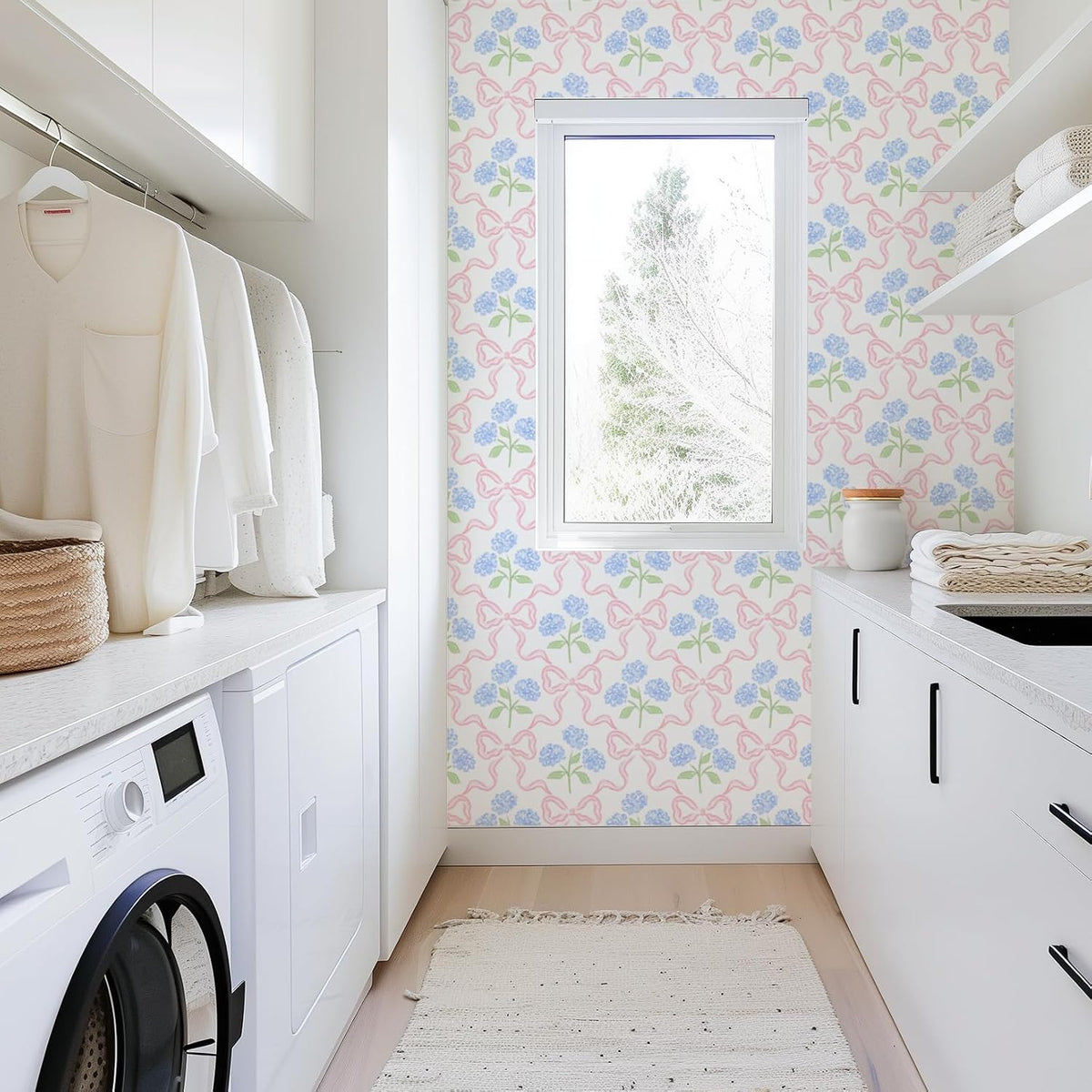Peel & Stick Wallpaper 17.7''x118.1'' - Simple Grid Bow- Floral Delicate Pastel Flowers Feminine Hydrangea Blue Pink White Home Decor Removable Wallpaper