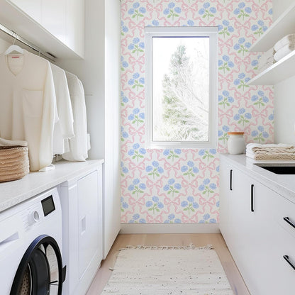 Peel & Stick Wallpaper 17.7''x118.1'' - Simple Grid Bow- Floral Delicate Pastel Flowers Feminine Hydrangea Blue Pink White Home Decor Removable Wallpaper