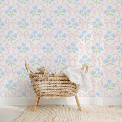Peel & Stick Wallpaper 17.7''x118.1'' - Simple Grid Bow- Floral Delicate Pastel Flowers Feminine Hydrangea Blue Pink White Home Decor Removable Wallpaper