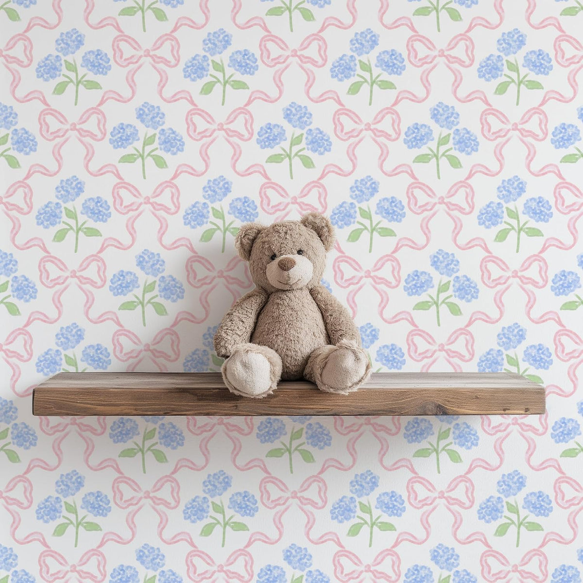 Peel & Stick Wallpaper 17.7''x118.1'' - Simple Grid Bow- Floral Delicate Pastel Flowers Feminine Hydrangea Blue Pink White Home Decor Removable Wallpaper