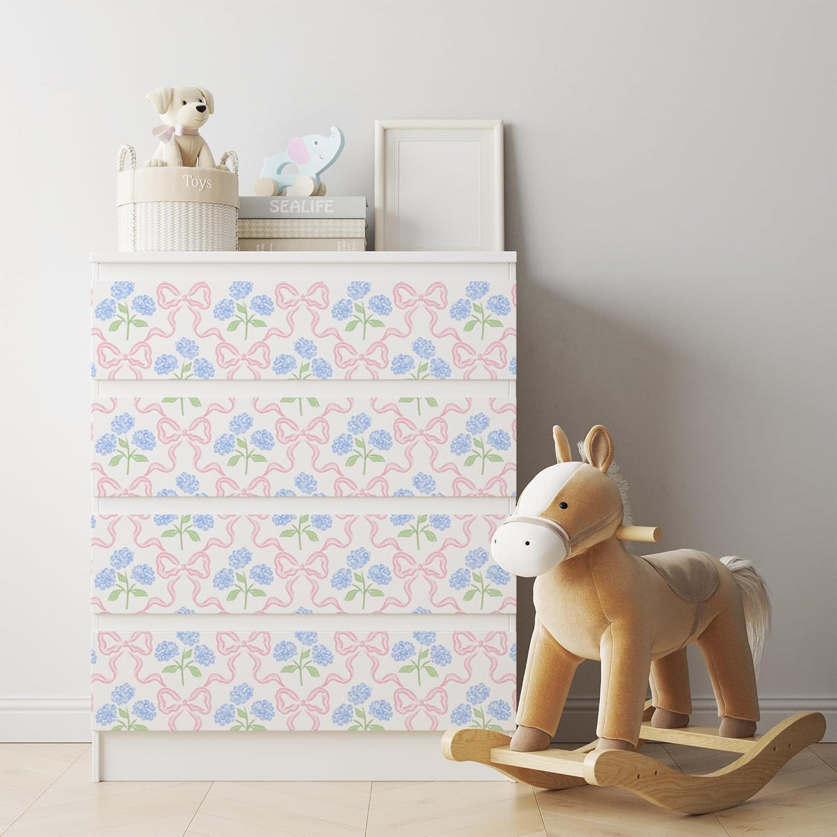Peel & Stick Wallpaper 17.7''x118.1'' - Simple Grid Bow- Floral Delicate Pastel Flowers Feminine Hydrangea Blue Pink White Home Decor Removable Wallpaper