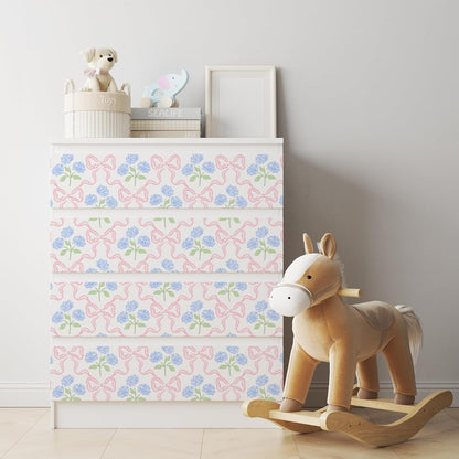 Peel & Stick Wallpaper 17.7''x118.1'' - Simple Grid Bow- Floral Delicate Pastel Flowers Feminine Hydrangea Blue Pink White Home Decor Removable Wallpaper