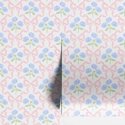 Peel & Stick Wallpaper 17.7''x118.1'' - Simple Grid Bow- Floral Delicate Pastel Flowers Feminine Hydrangea Blue Pink White Home Decor Removable Wallpaper