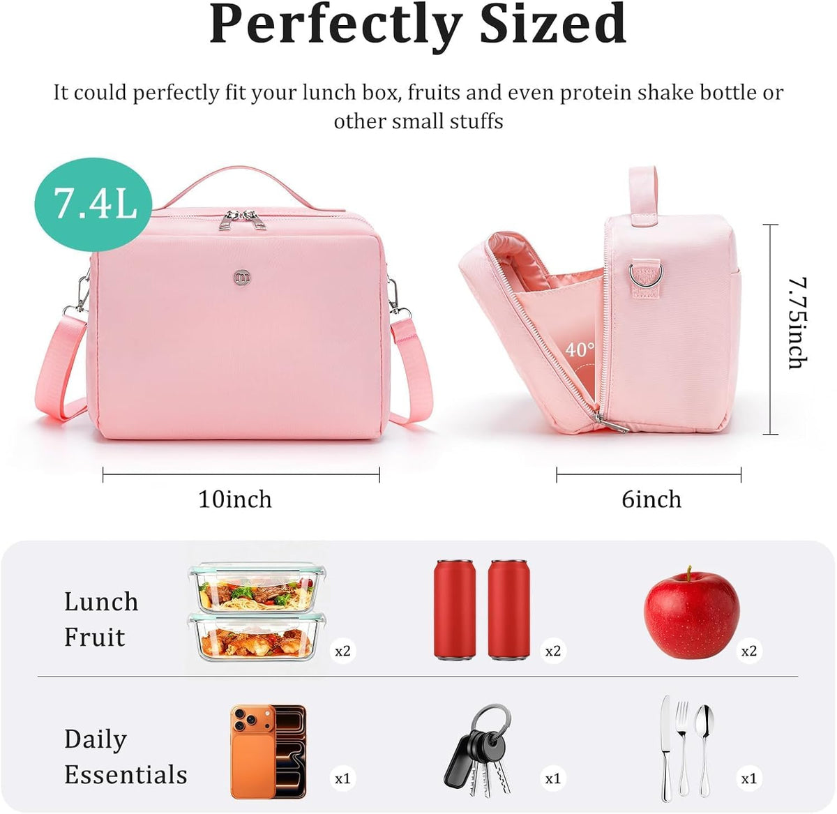Lunch Bag for Women Men Insulated Lunch Box with Adjustable Strap Adult Lightweight Lunch Tote for Work Picnic Travel (Pink)