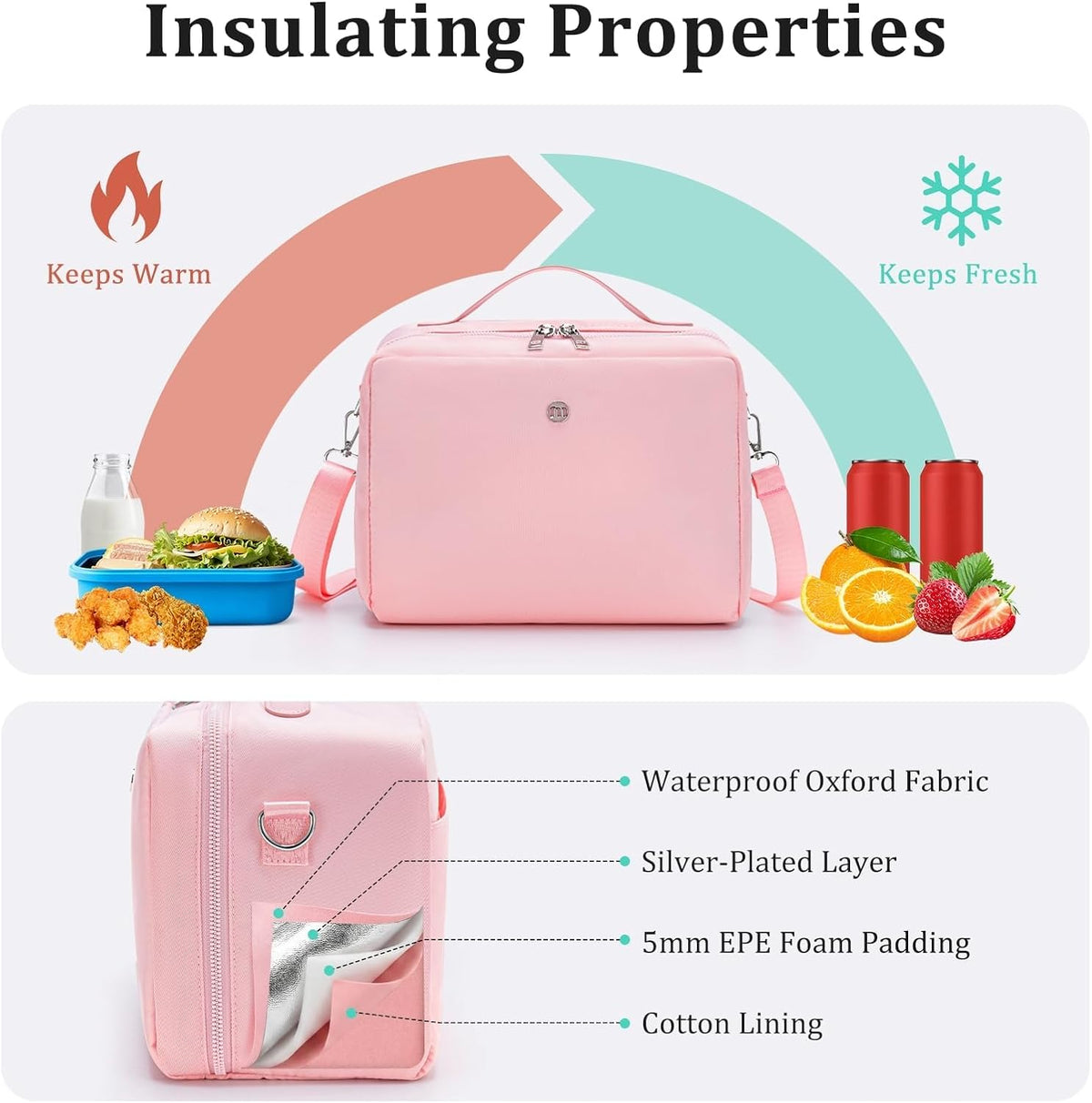 Lunch Bag for Women Men Insulated Lunch Box with Adjustable Strap Adult Lightweight Lunch Tote for Work Picnic Travel (Pink)