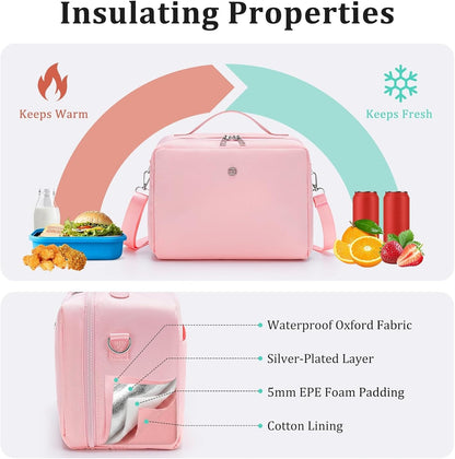 Lunch Bag for Women Men Insulated Lunch Box with Adjustable Strap Adult Lightweight Lunch Tote for Work Picnic Travel (Pink)