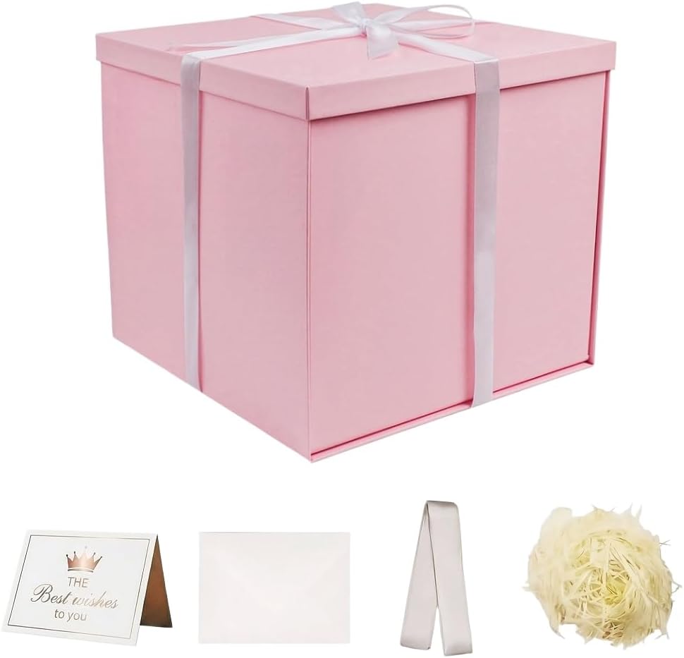 Matte Pink Large Gift Box 1Pcs 12x12x11 Inch,Gift Box with Lid for Presents Birthdays,Christmas Valentine's Day,Mother's Day, with Ribbon Card Envelope Shredded Paper Fill