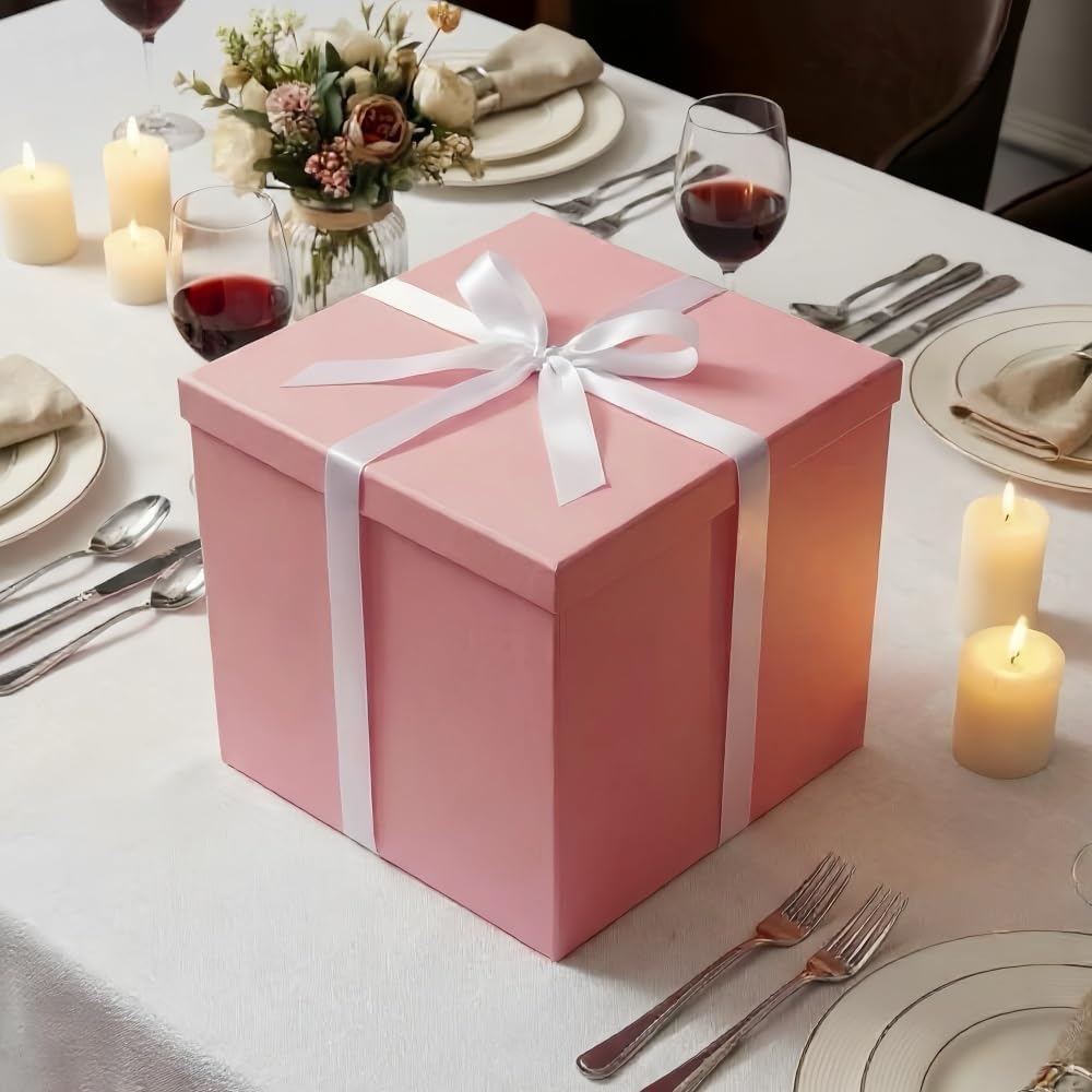 Matte Pink Large Gift Box 1Pcs 12x12x11 Inch,Gift Box with Lid for Presents Birthdays,Christmas Valentine's Day,Mother's Day, with Ribbon Card Envelope Shredded Paper Fill