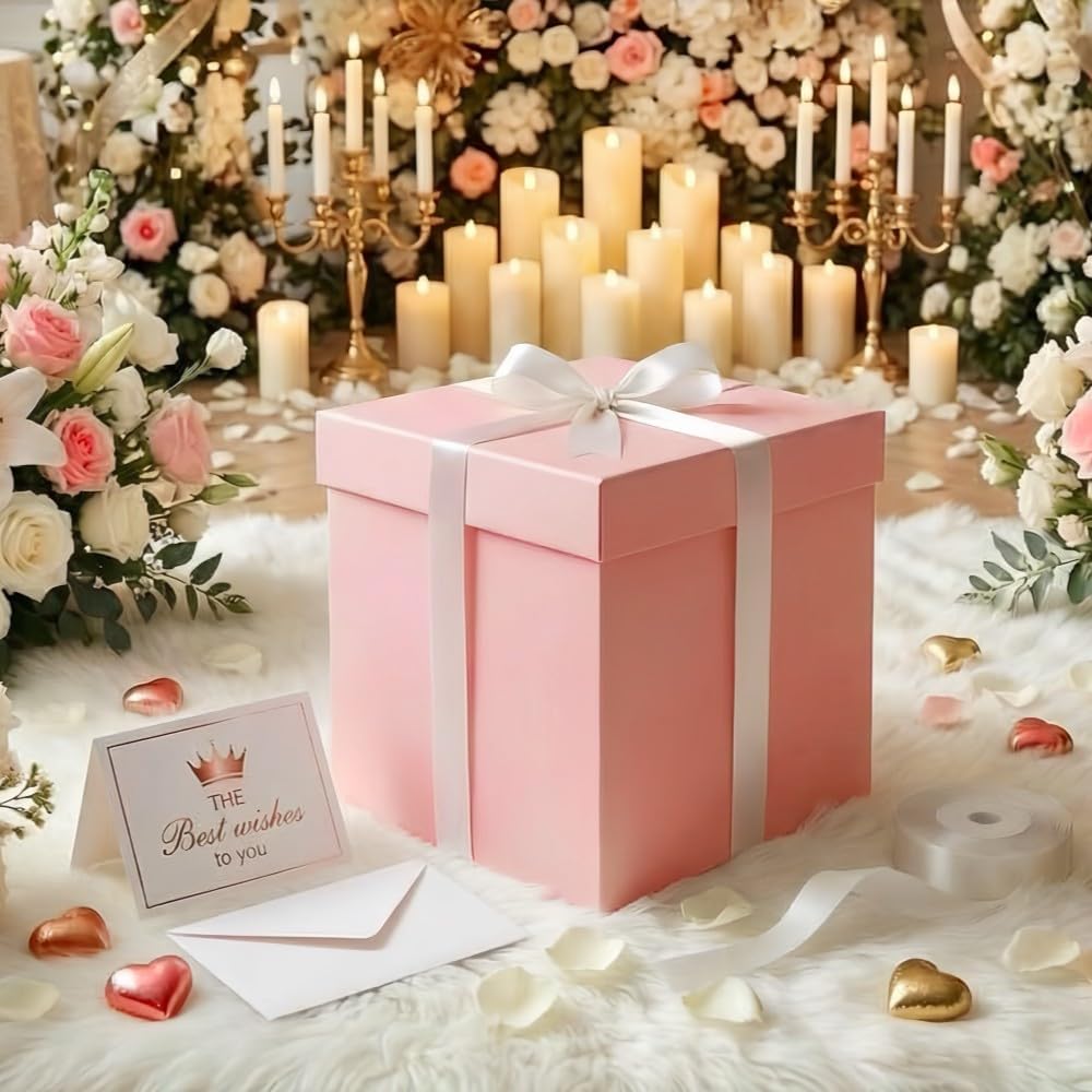 Matte Pink Large Gift Box 1Pcs 12x12x11 Inch,Gift Box with Lid for Presents Birthdays,Christmas Valentine's Day,Mother's Day, with Ribbon Card Envelope Shredded Paper Fill