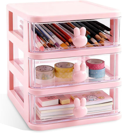 Small Desk Organizer with Drawer, Pink, 3 Tier