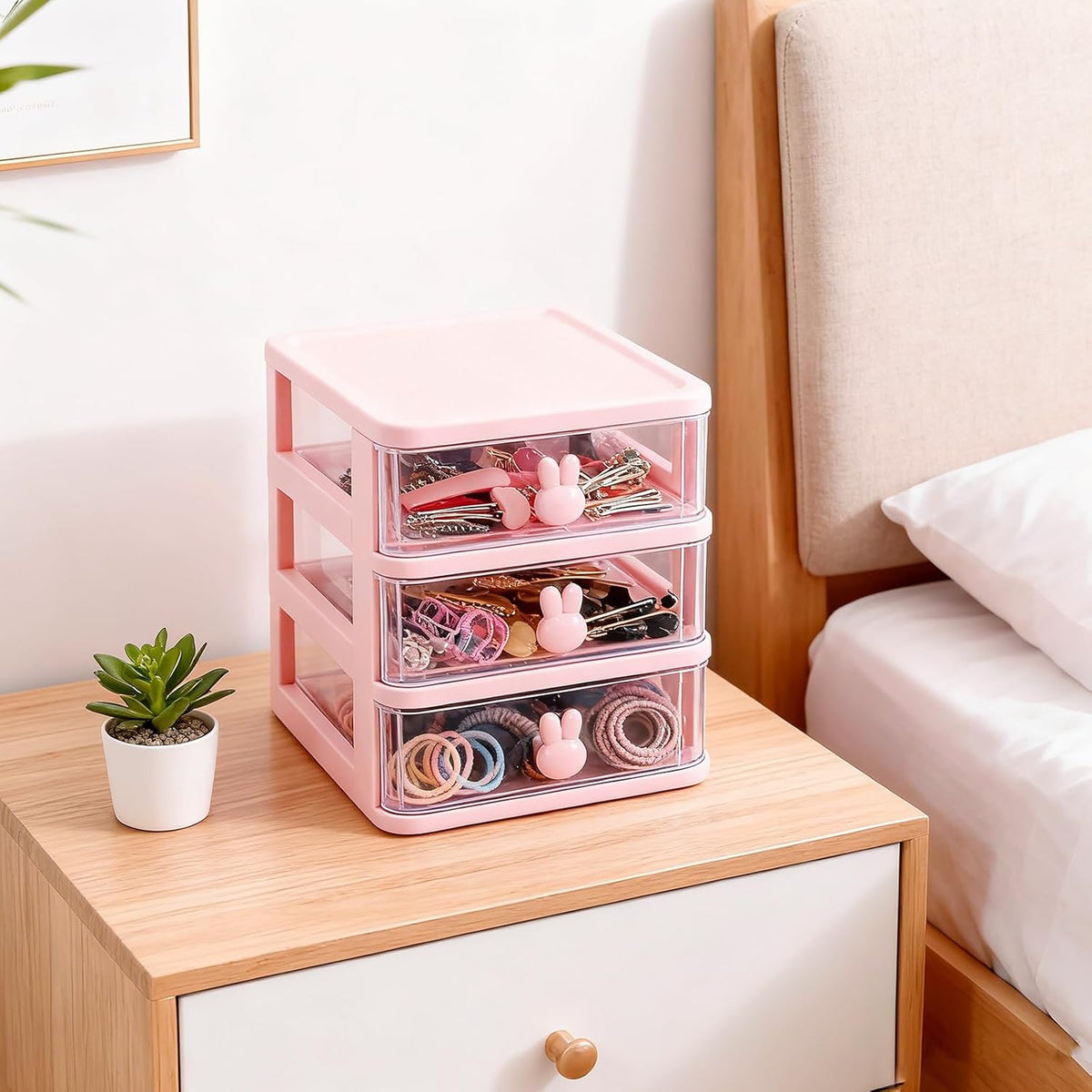 Small Desk Organizer with Drawer, Pink, 3 Tier