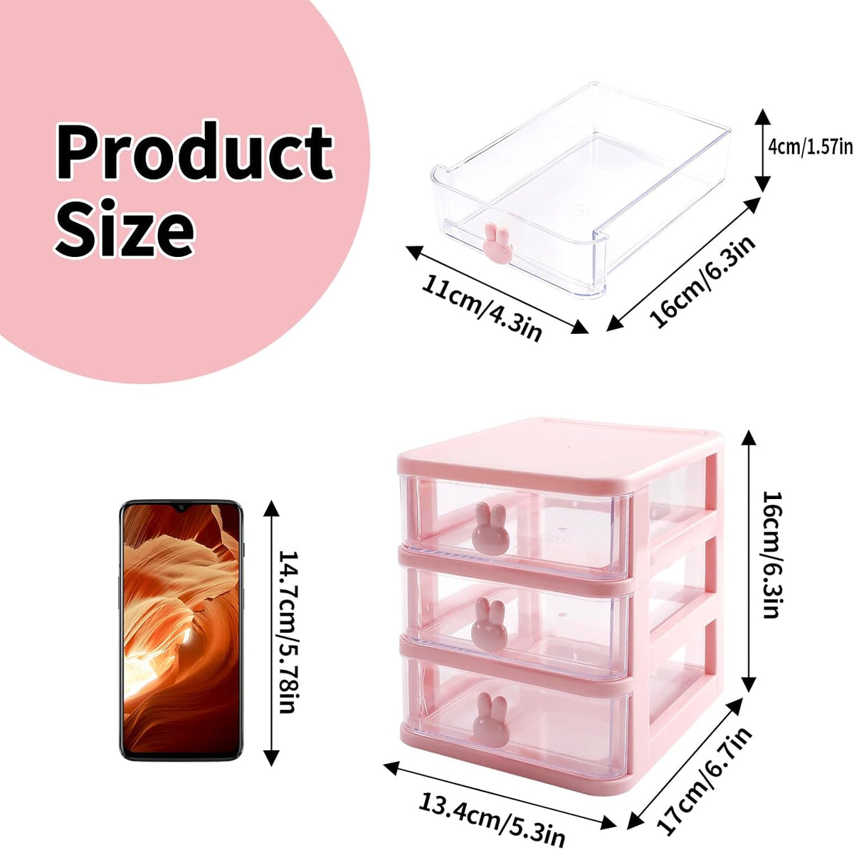 Small Desk Organizer with Drawer, Pink, 3 Tier