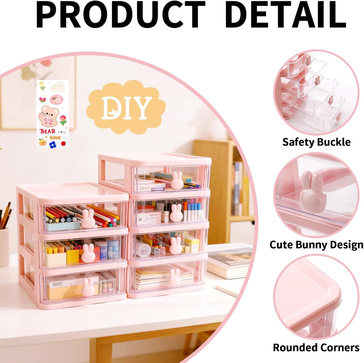 Small Desk Organizer with Drawer, Pink, 3 Tier