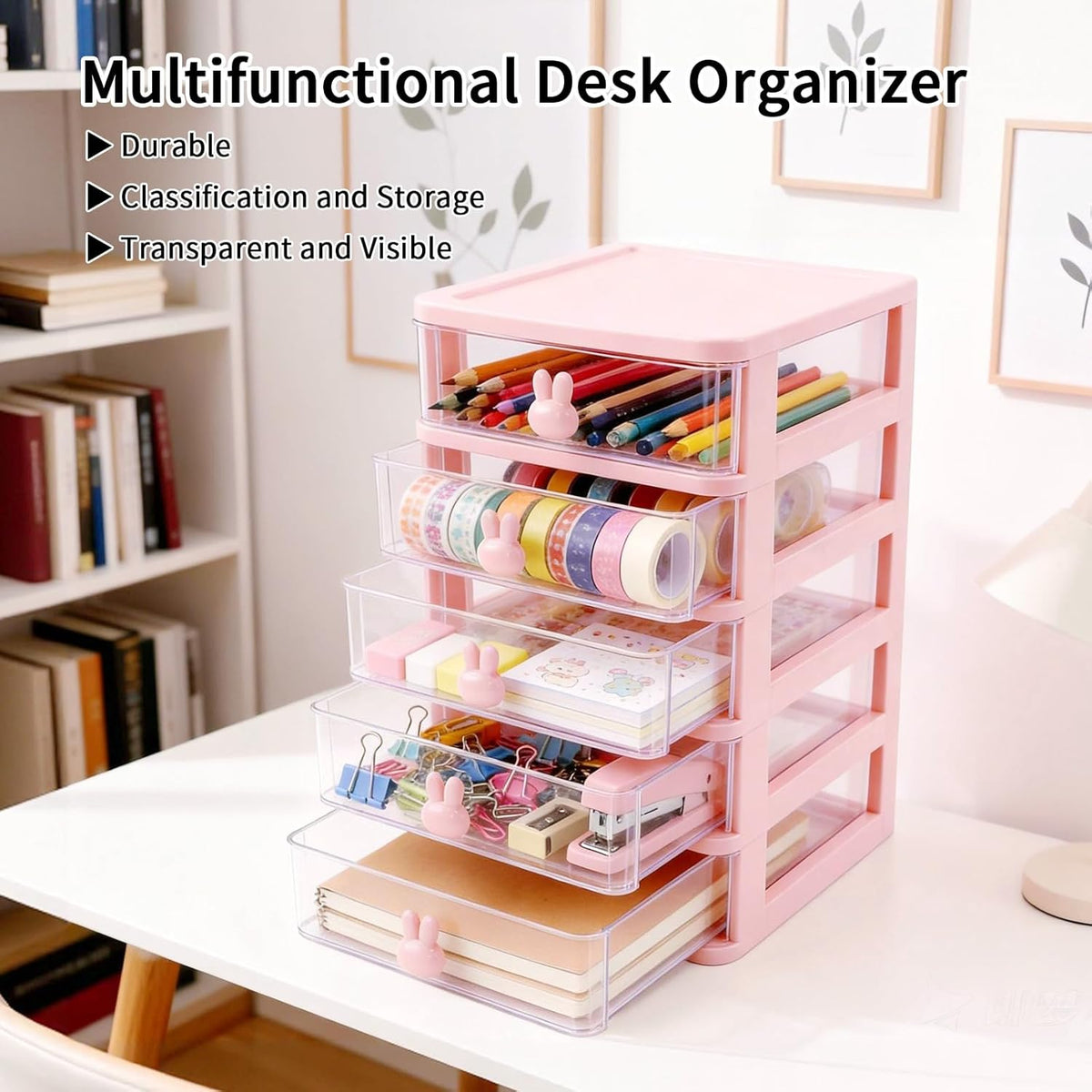 Small Desk Organizer with Drawer, Pink, 3 Tier