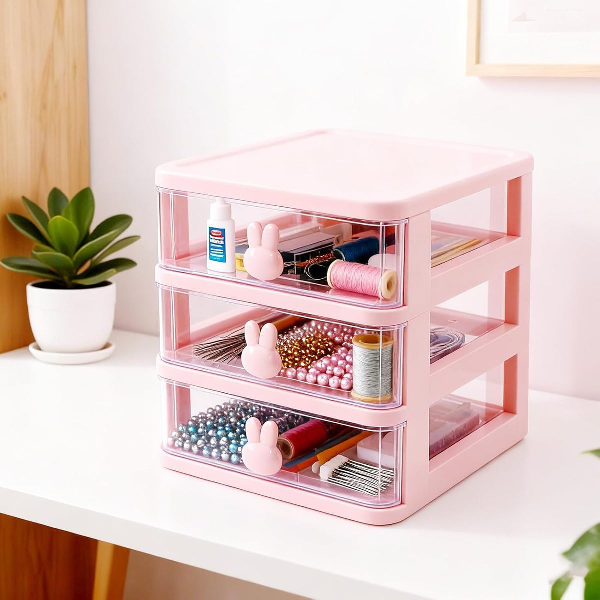 Small Desk Organizer with Drawer, Pink, 3 Tier