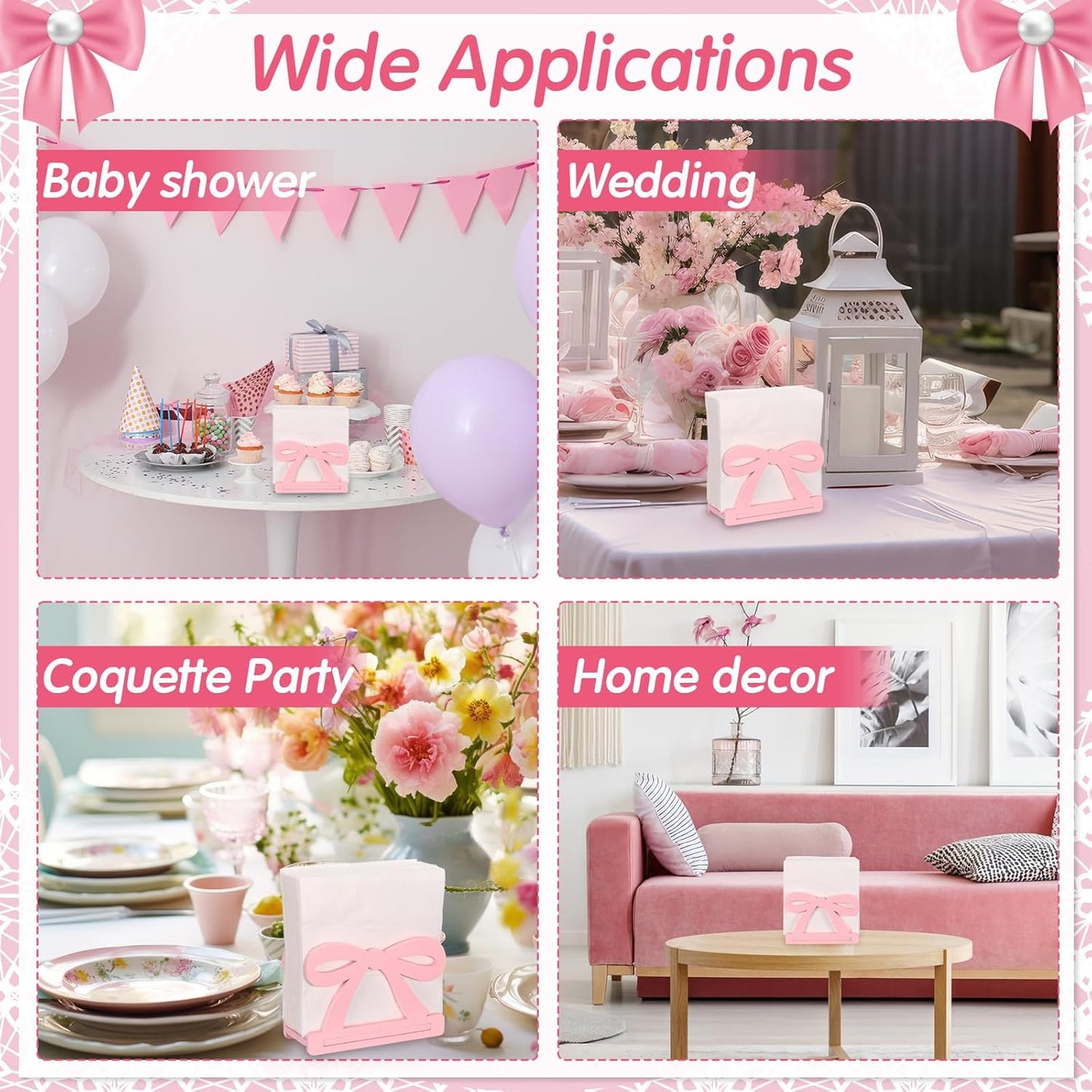 Honeydak Pink Bow Nakpin Holder for Table Coquette Bow Wooden Tissue Dispenser Cocktail Napkin Holder Paper Dispenser for Bachelorette Bridal Wedding Baby Shower Tea Girly Theme Party Birthday Decor