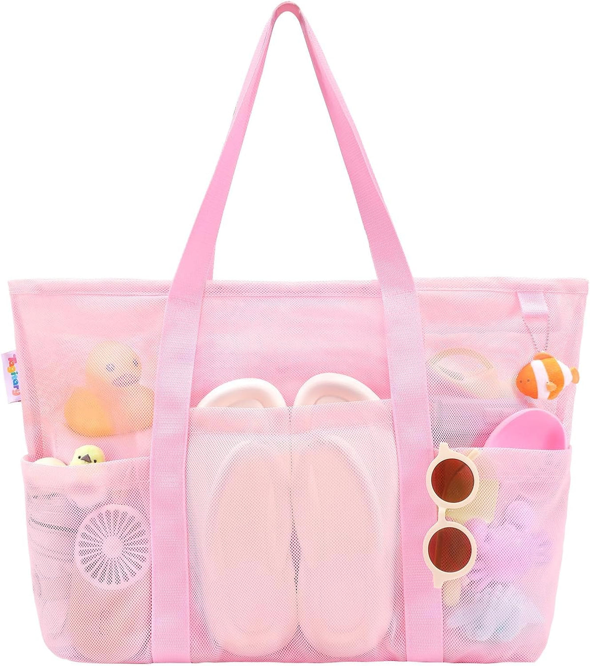 Mesh Beach Bag with Zipper Large Beach Tote Waterproof Sandproof with 8 Pockets for Toys Pool Bag Beach Accessories