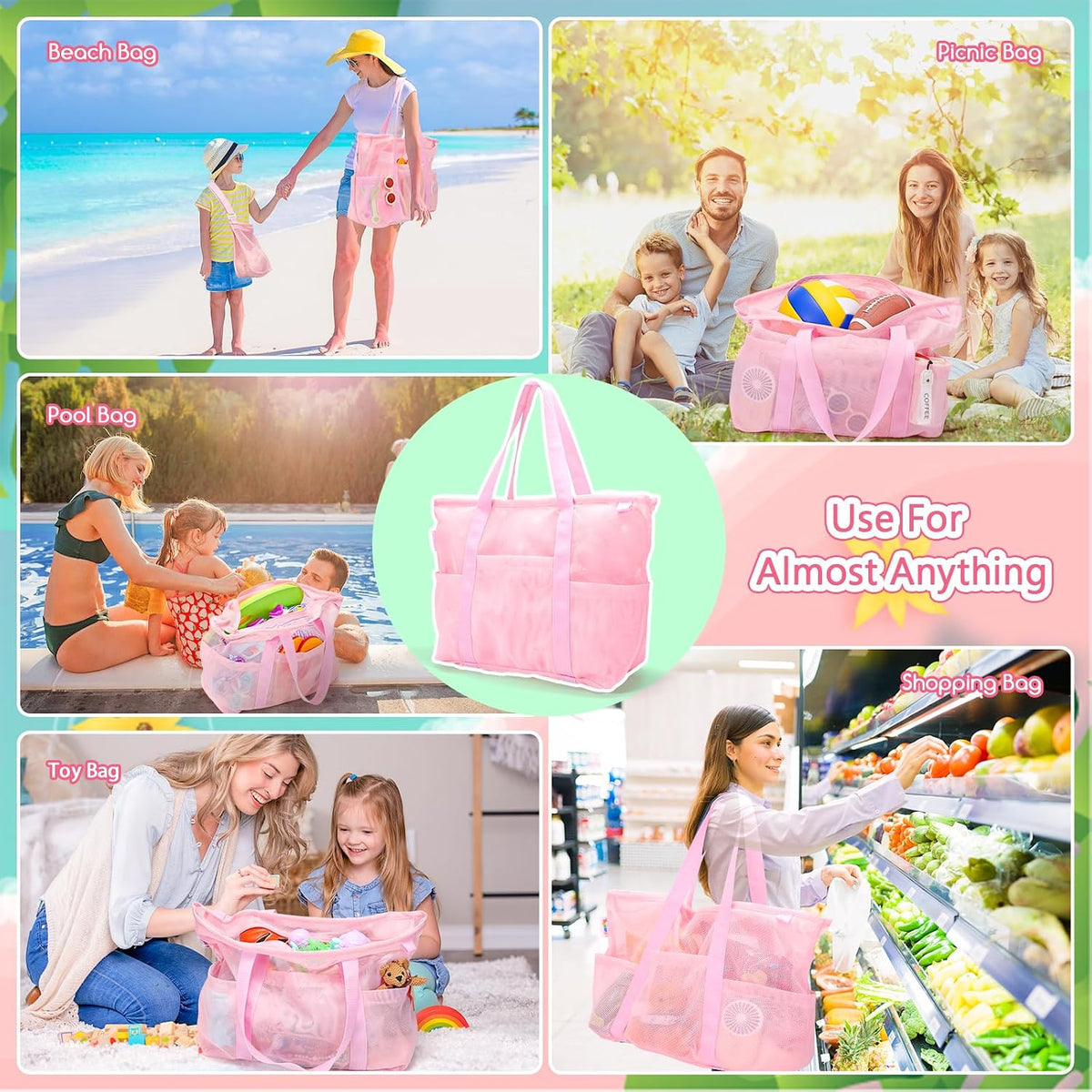 Mesh Beach Bag with Zipper Large Beach Tote Waterproof Sandproof with 8 Pockets for Toys Pool Bag Beach Accessories