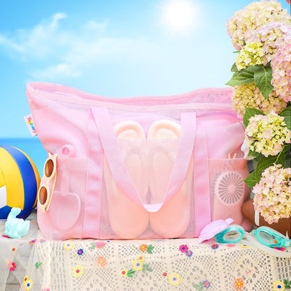 Mesh Beach Bag with Zipper Large Beach Tote Waterproof Sandproof with 8 Pockets for Toys Pool Bag Beach Accessories
