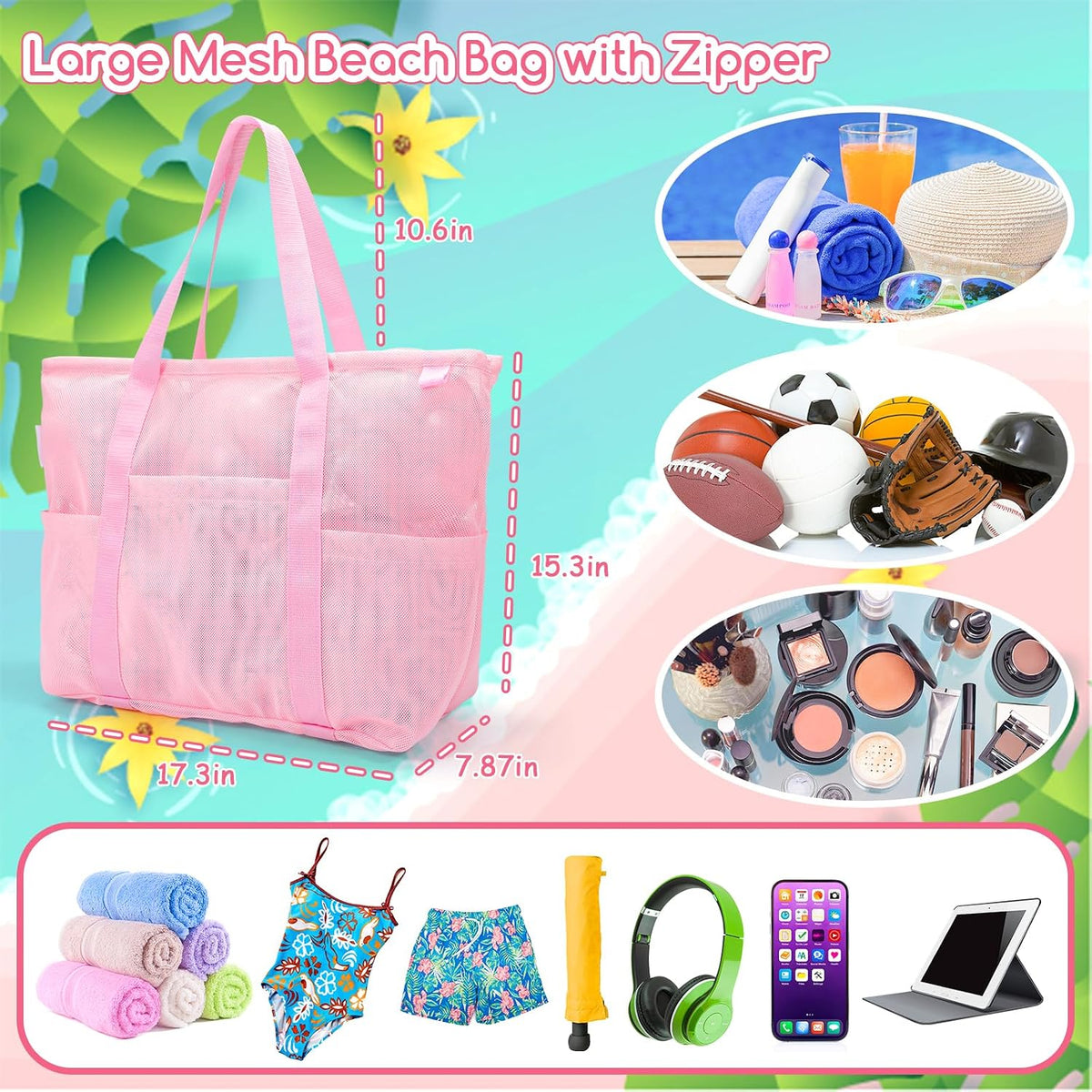 Mesh Beach Bag with Zipper Large Beach Tote Waterproof Sandproof with 8 Pockets for Toys Pool Bag Beach Accessories