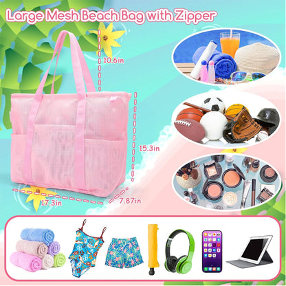 Mesh Beach Bag with Zipper Large Beach Tote Waterproof Sandproof with 8 Pockets for Toys Pool Bag Beach Accessories