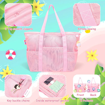 Mesh Beach Bag with Zipper Large Beach Tote Waterproof Sandproof with 8 Pockets for Toys Pool Bag Beach Accessories