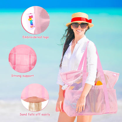 Mesh Beach Bag with Zipper Large Beach Tote Waterproof Sandproof with 8 Pockets for Toys Pool Bag Beach Accessories