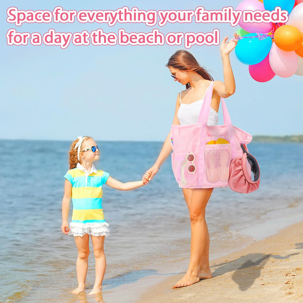 Mesh Beach Bag with Zipper Large Beach Tote Waterproof Sandproof with 8 Pockets for Toys Pool Bag Beach Accessories