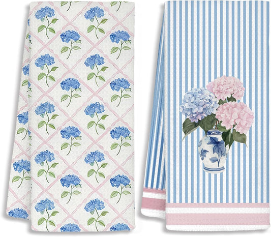 Grandmillennial Hydrangea Floral Kitchen Towels, Cottagecore Floral Dish Tea Towels, Pink and Blue Hydrangea Flower Botanical Decorative Hand Towels for Bathroom Decor, 16x24 Inch Set of 2