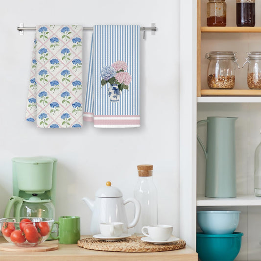 Grandmillennial Hydrangea Floral Kitchen Towels, Cottagecore Floral Dish Tea Towels, Pink and Blue Hydrangea Flower Botanical Decorative Hand Towels for Bathroom Decor, 16x24 Inch Set of 2