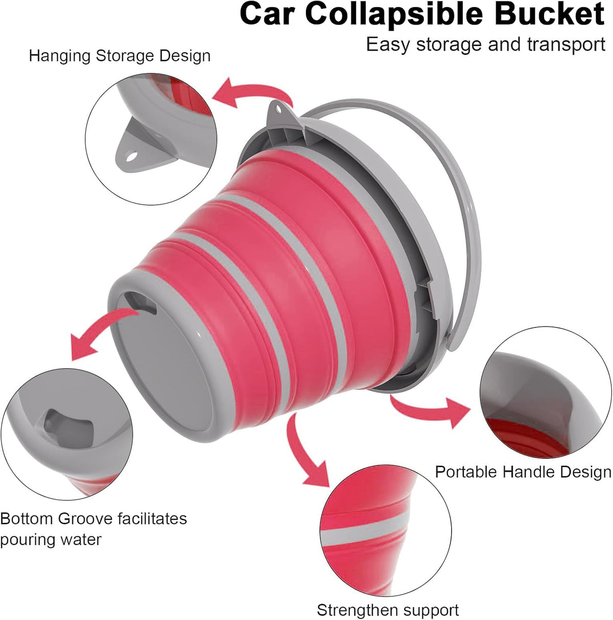 Collapsible Bucket-10L (2.6 Gallon) Bucket for Cleaning with Handle-Folding Foldable Portable Plastic Water Supplies,Collapsible Bucket for Car Wash Camping Garden-Pink