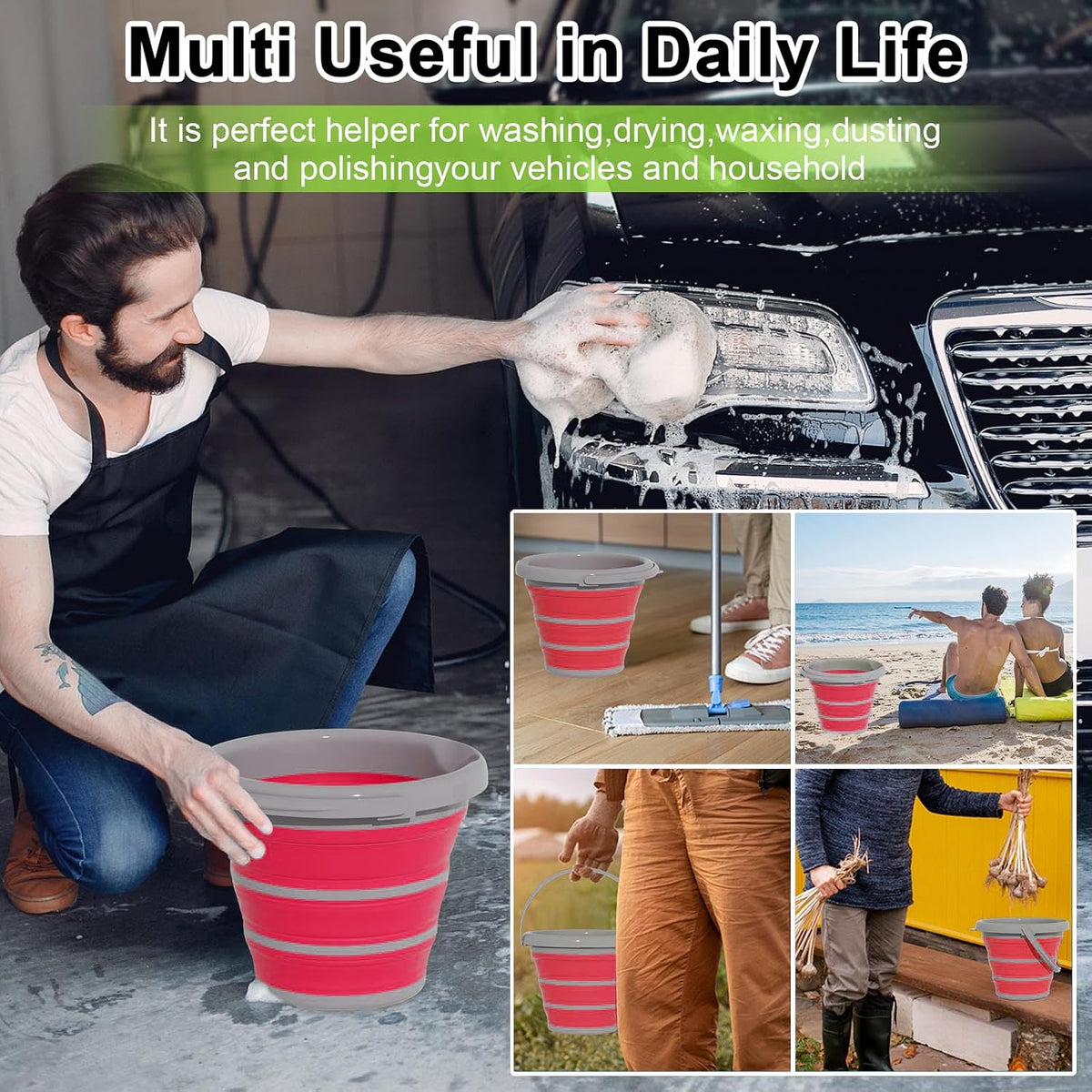 Collapsible Bucket-10L (2.6 Gallon) Bucket for Cleaning with Handle-Folding Foldable Portable Plastic Water Supplies,Collapsible Bucket for Car Wash Camping Garden-Pink