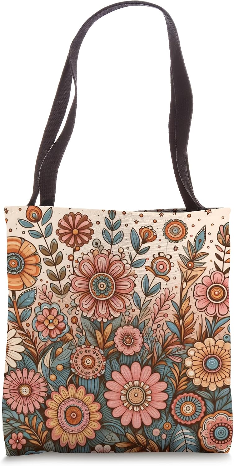 Retro Flowers Meadow Floral Groovy 70s Peach Pink Tote Bag