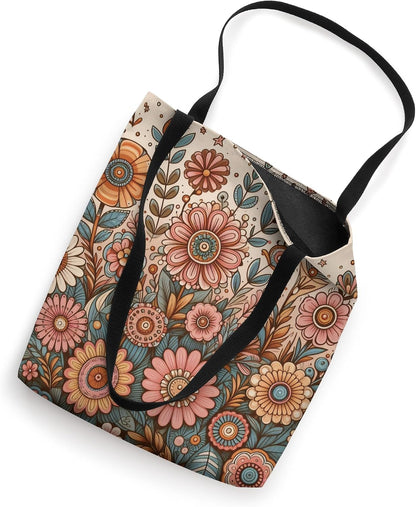 Retro Flowers Meadow Floral Groovy 70s Peach Pink Tote Bag