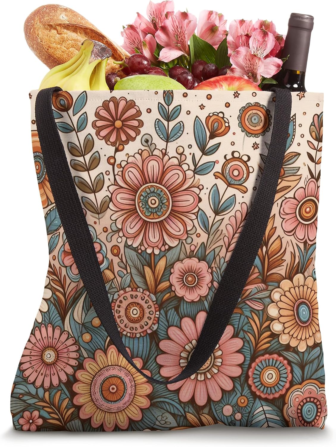 Retro Flowers Meadow Floral Groovy 70s Peach Pink Tote Bag
